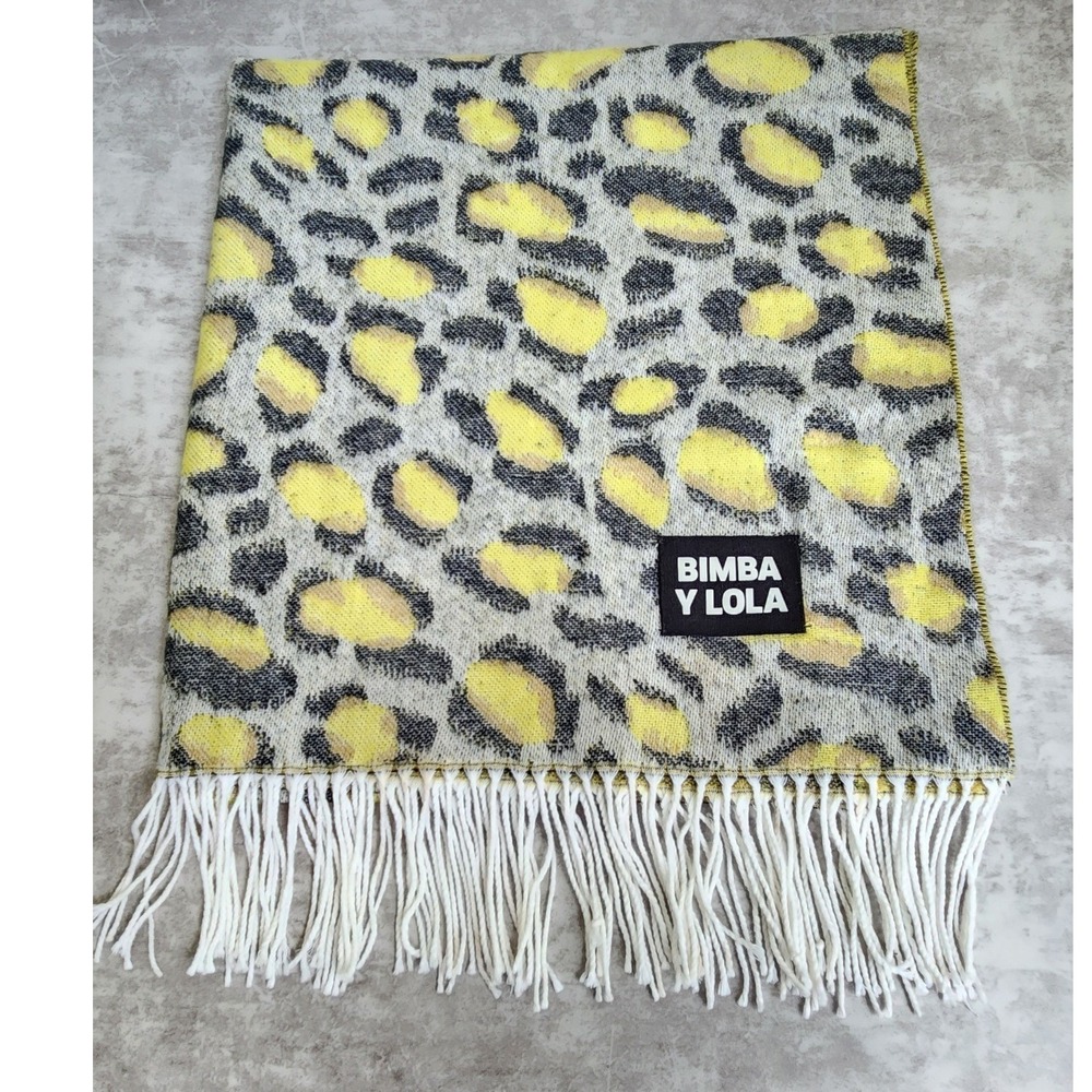 Bimba Y Lola Women's Leopard Print Fringe Oversized Yellow Scarf Boho Artsy